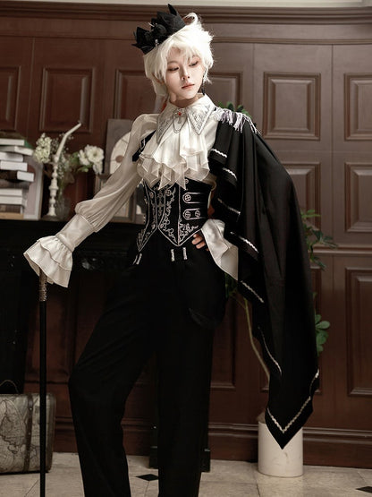 Belt+Black Corset Lolita Pants Pieces Three Prince Shirt+Embroidered Cape Set-One-Shoulder Ouji