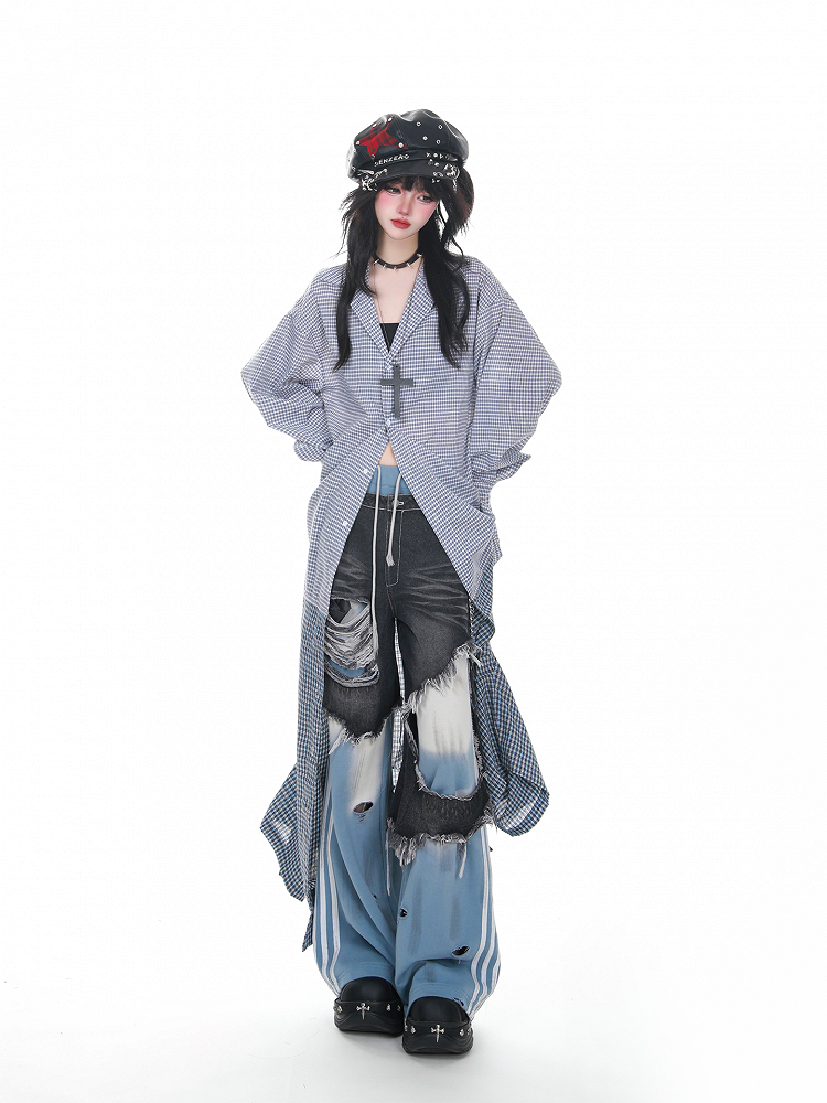 Ways Shirt-Two Wear Deconstructed Plaid Blue Faux Two-Piece