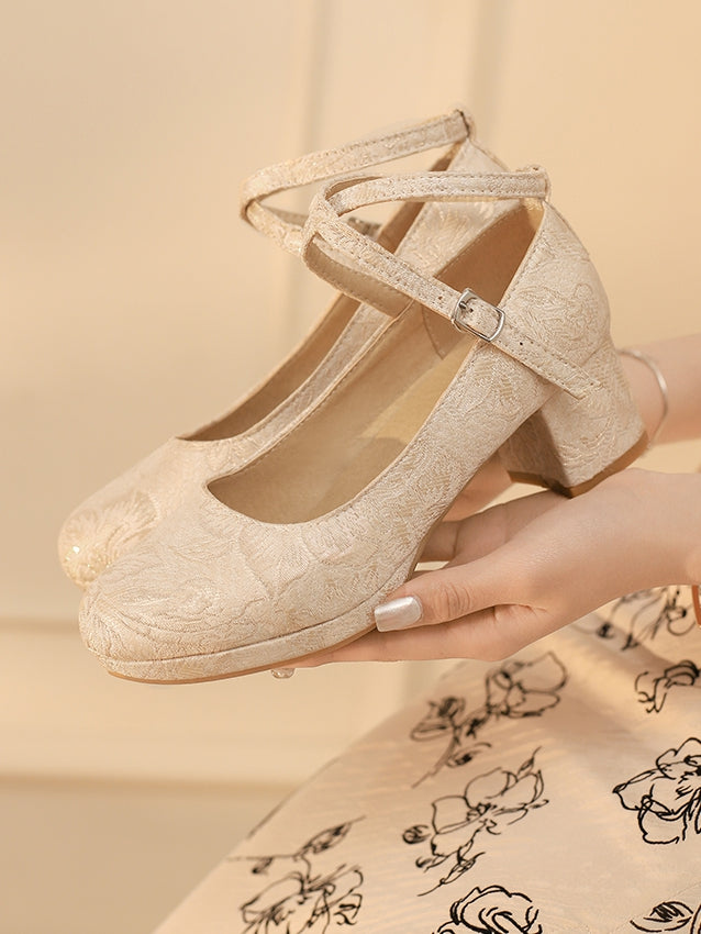 Qi Lolita Mid-Heel Crisscross Floral Beige Mart Design Pattern Janes - Satin