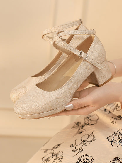 Qi Lolita Mid-Heel Crisscross Floral Beige Mart Design Pattern Janes - Satin