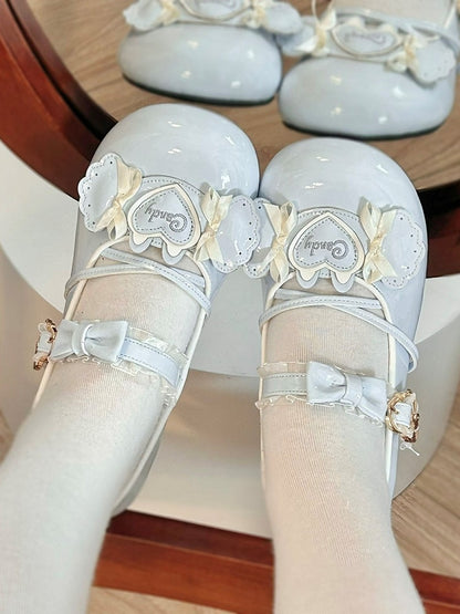 Candy Sweet Accents with Trim Shoes Themed Heel Bow Lolita Ruffle Low Blue