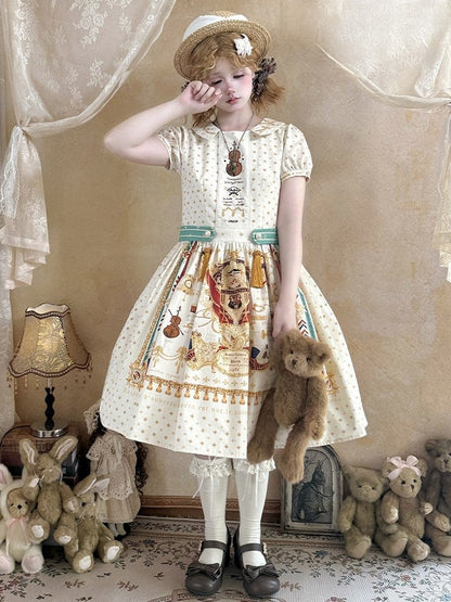 Short White Musical Print Peter Pan Collar OP Dress with Tassels - Crucis Universal Tailor Company
