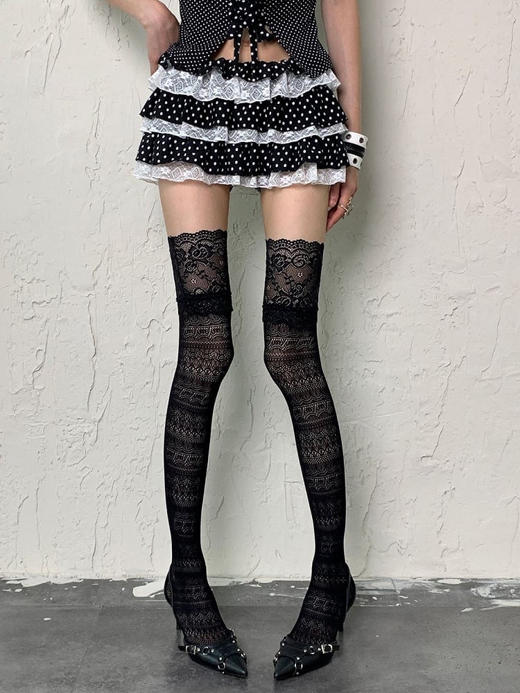 Pattern Stockings Black/White Overknee Design Y2K Floral Hollow-out