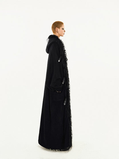 Coat Buckle Details Faux Knit Hooded Trim Fur with Black