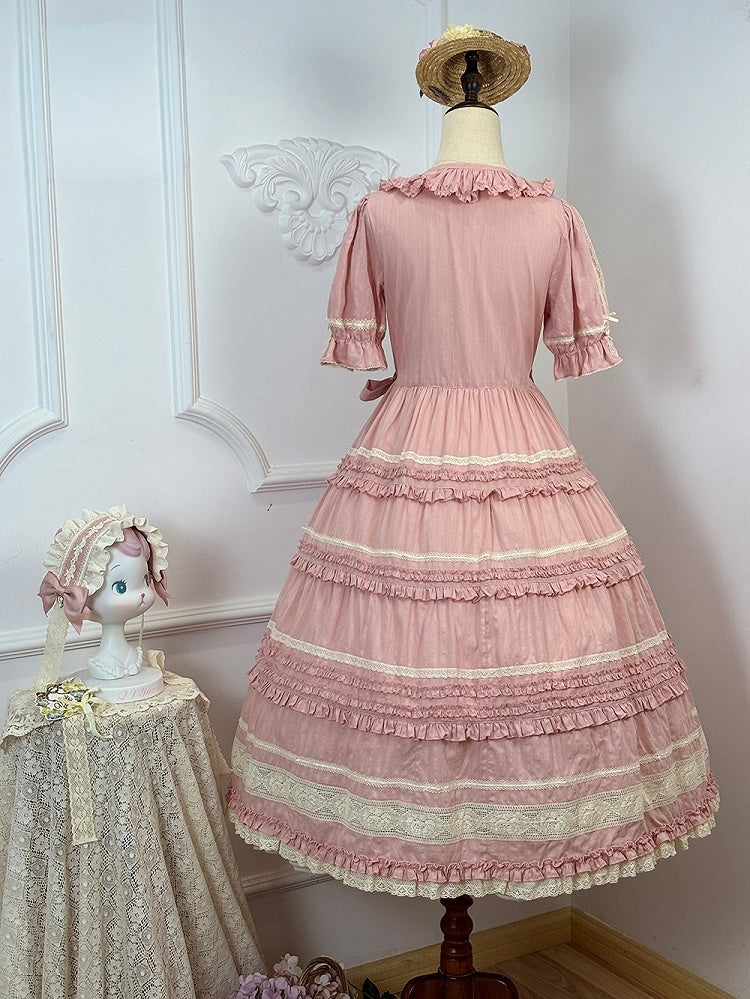 Pink Layered Ruffles Elegant Dress with Front Buttons - Miss Point
