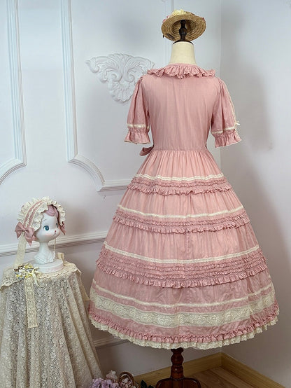 Pink Layered Ruffles Elegant Dress with Front Buttons - Miss Point