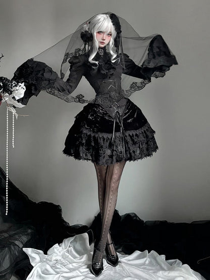 Long Sleeves Shirt Gothic High Boned Black Set All Lolita - Bell + Full Tie Mini Hat Jabot Skirt Waist