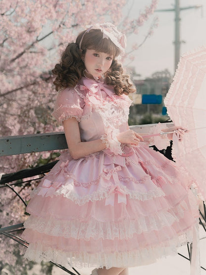 ピンクのプリンセスレイヤードフリルドレス、取り外し可能なパフスリーブ付きスイートロリータジャンパースカート