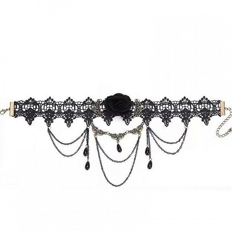 Gothic Black Chain Rosette Lace Choker