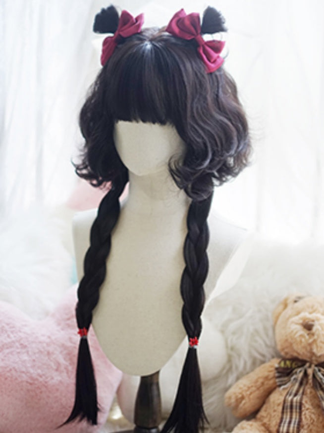 Schwarz/Karamell/Khaki/Milchweiße, hüftlange, lockige Perücke mit vollem Pony