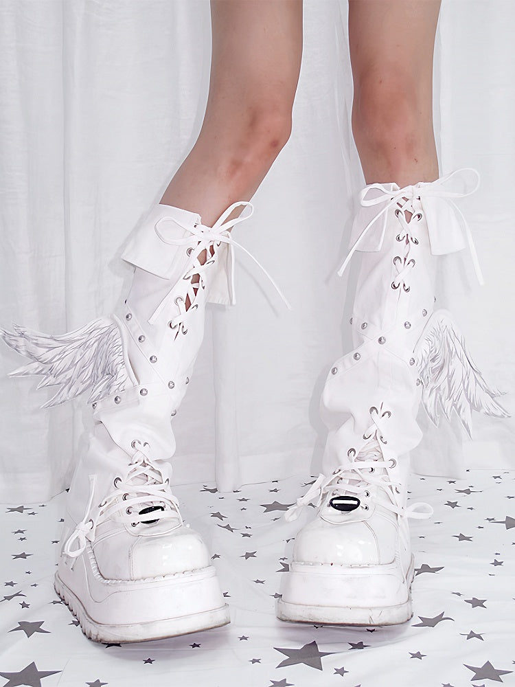 Details Leg White Angel Warmers Studded with Crisscross Punk Laces Wing