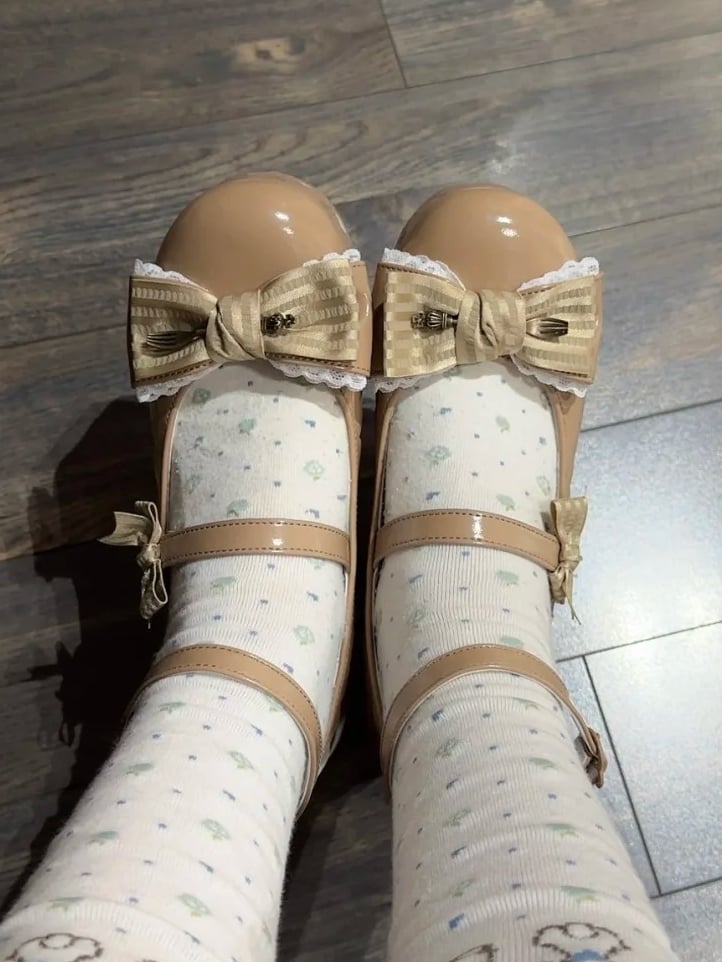 Khaki Shoes Hem Striped Lace-trimmed Scalloped - Sweet Platform Bow in Lolita