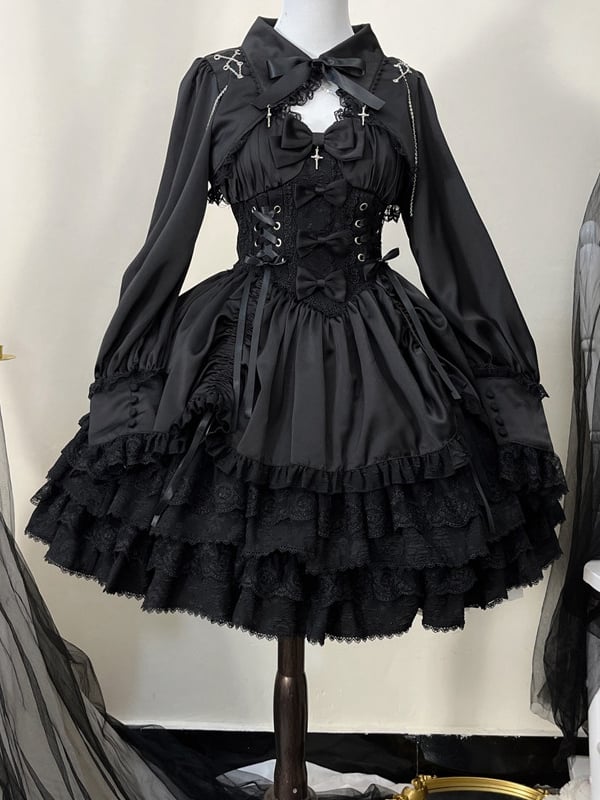 Cropped Cross and Gothic Lace Top Chains Trimmed Lolita with Black Charms