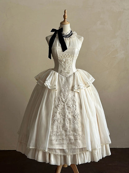 Lolita Neckholder Cremefarbene Detailstickerei Klassisches, zartes rückenfreies Kleid