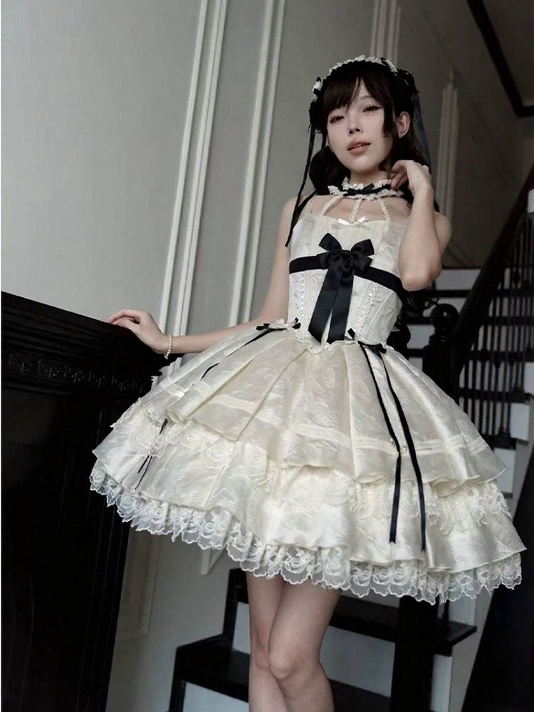 Apricot Lace-Trim JSK Dress with Black Bows - Die Die Zi