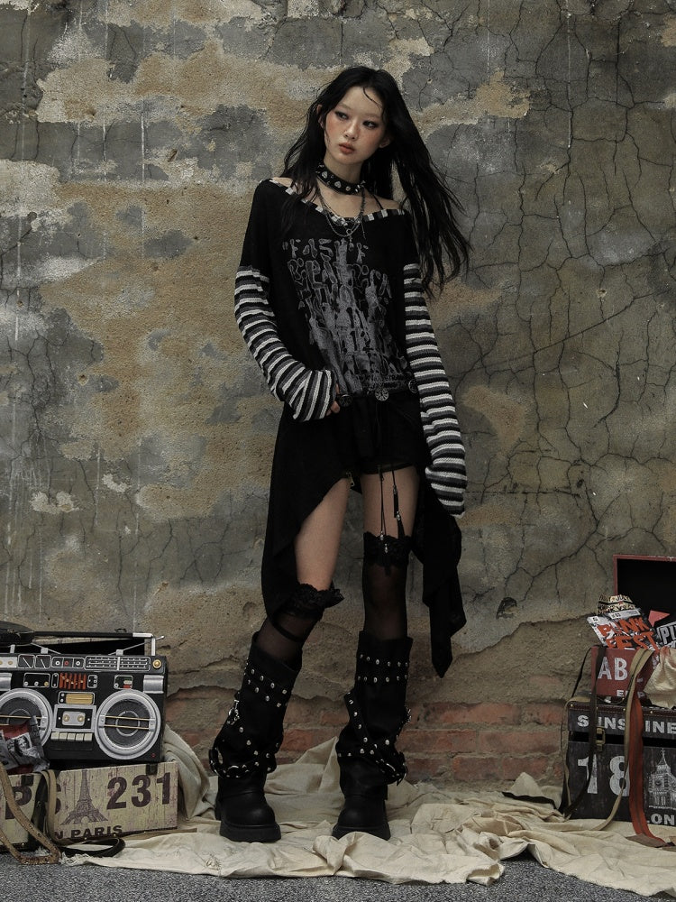 ブラックホワイトゴシックパンクレターズアシンメトリートップス