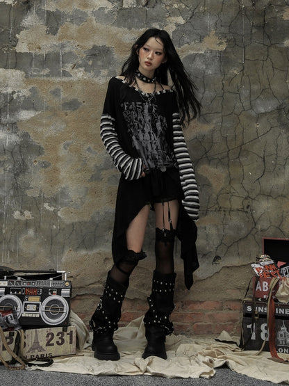 ブラックホワイトゴシックパンクレターズアシンメトリートップス