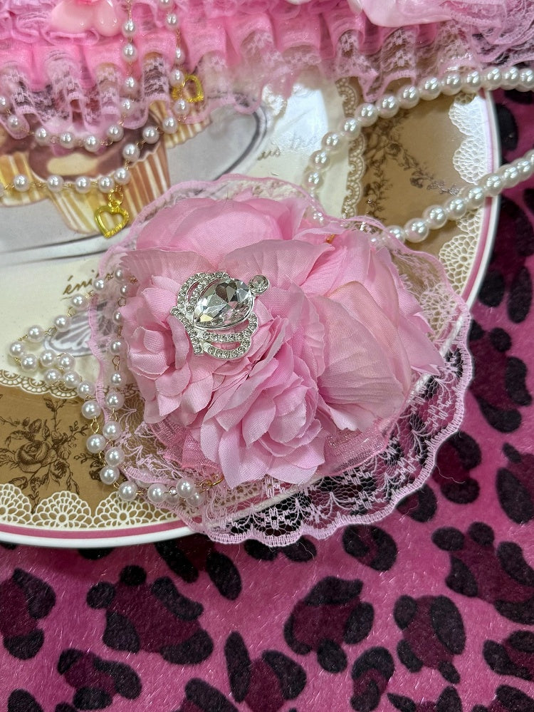 Crown Beaded Pink Floral Decorated Necklace Pendant Rhinestone