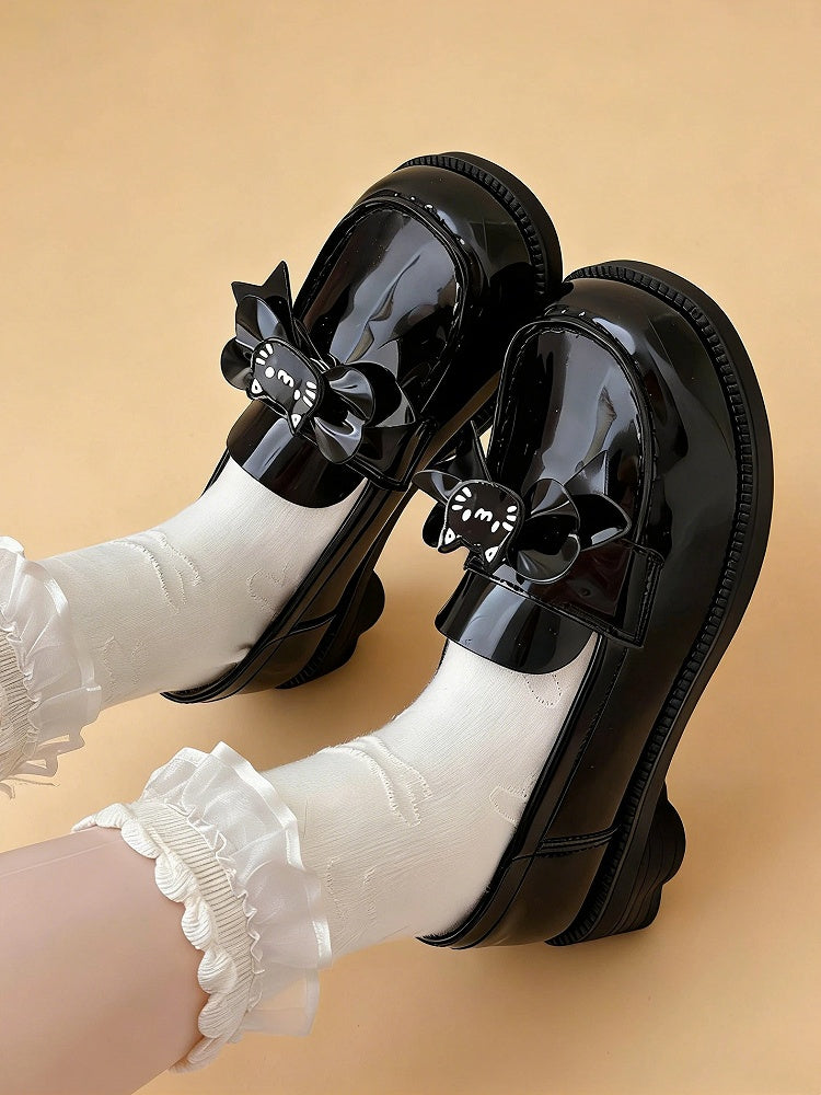 Paw PU Bow Heels Cat-themed Slip-on Detachable Shoes Uniform Cat Heeled Black 4cm Clips with