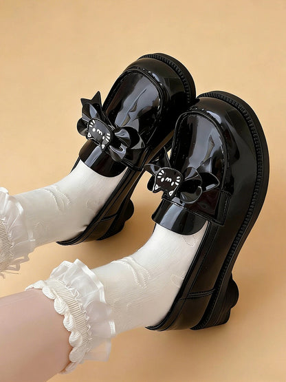 Paw PU Bow Heels Cat-themed Slip-on Detachable Shoes Uniform Cat Heeled Black 4cm Clips with