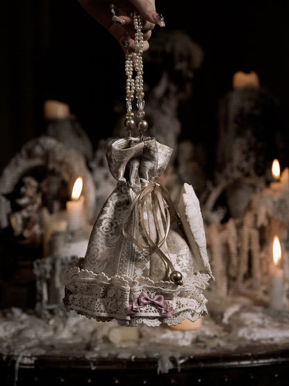 Bag with Vintage Pin Hand Drawstring and Bow Lace Top Accents Heart