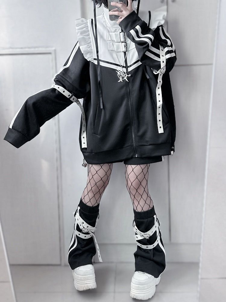 Detachable Kei Buckle with Leg White Warmers Jirai Cross Flared Strap Black