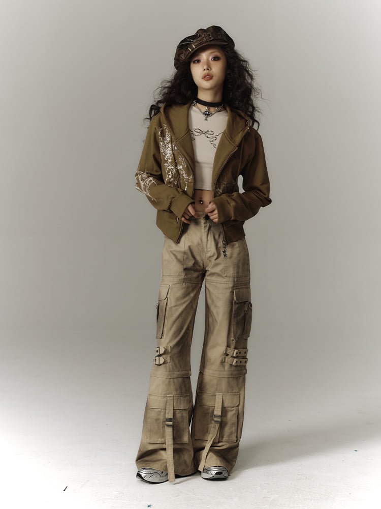 Punk Convertible Cargo Washed Capris Multi-Pockets Fashion Yellow Millard Pants with