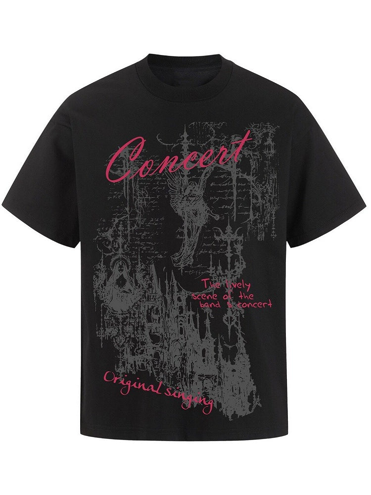 Black Crew Neck Short Sleeve T-Shirt with Gothic Print - KNOW8 Online Shop