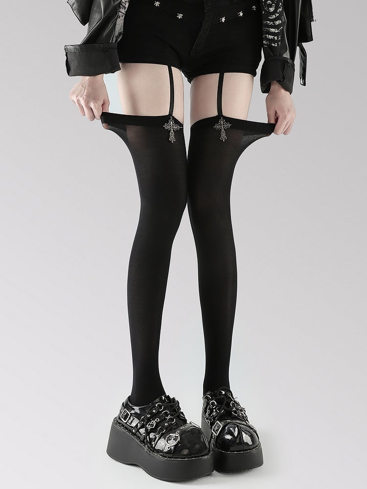 Cross Suspender Gothic Metal Style White/Black Stockings