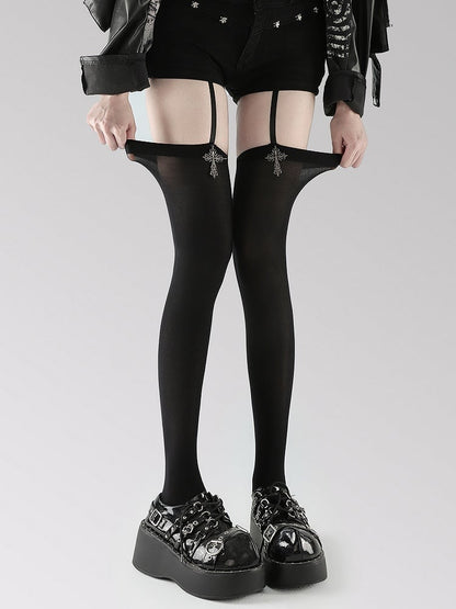 Cross Suspender Gothic Metal Style White/Black Stockings