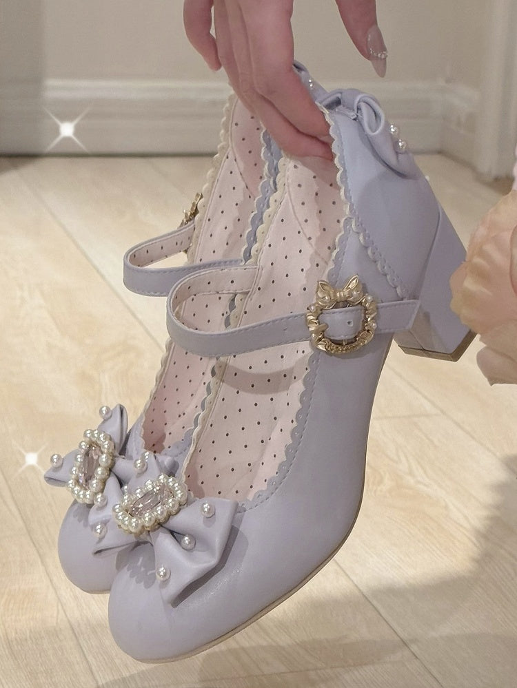 ジェーンズ ボウノット ロリータ ディテール ビーズ装飾 メアリー ラインストーン トゥ ラウンド シューズ パープル