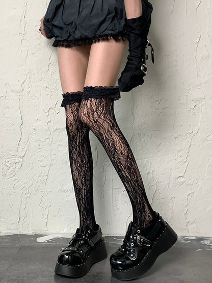 Overknee-Design, schwarze Manschette, gerüschte, ausgehöhlte Mode-Gyaru-Strümpfe