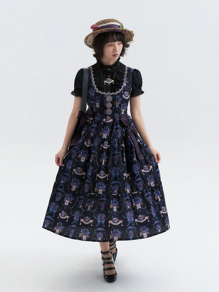 Black-Purple Pansy Print Classic Lolita JSK with Lace Trim