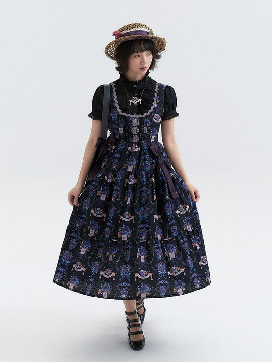 Black-Purple Pansy Print Classic Lolita JSK with Lace Trim