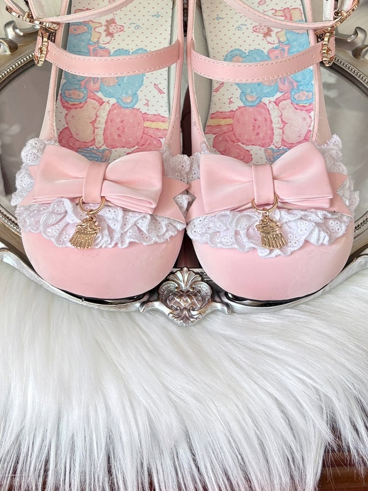 with Lolita - Heel at Trim Toe Cute Details Lace Pudding Janes Pink Top Bow Sweet Style Pumps Round Mary