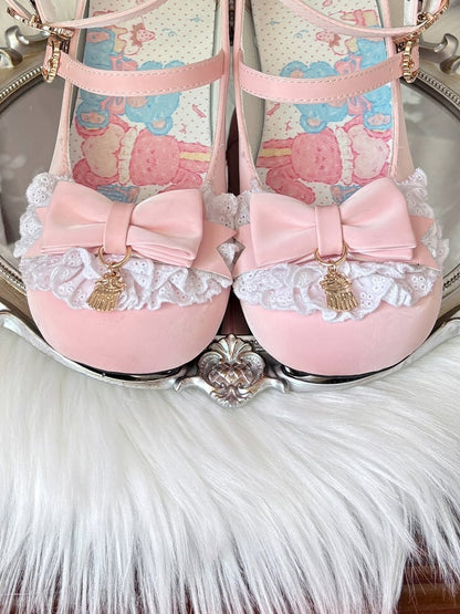 with Lolita - Heel at Trim Toe Cute Details Lace Pudding Janes Pink Top Bow Sweet Style Pumps Round Mary