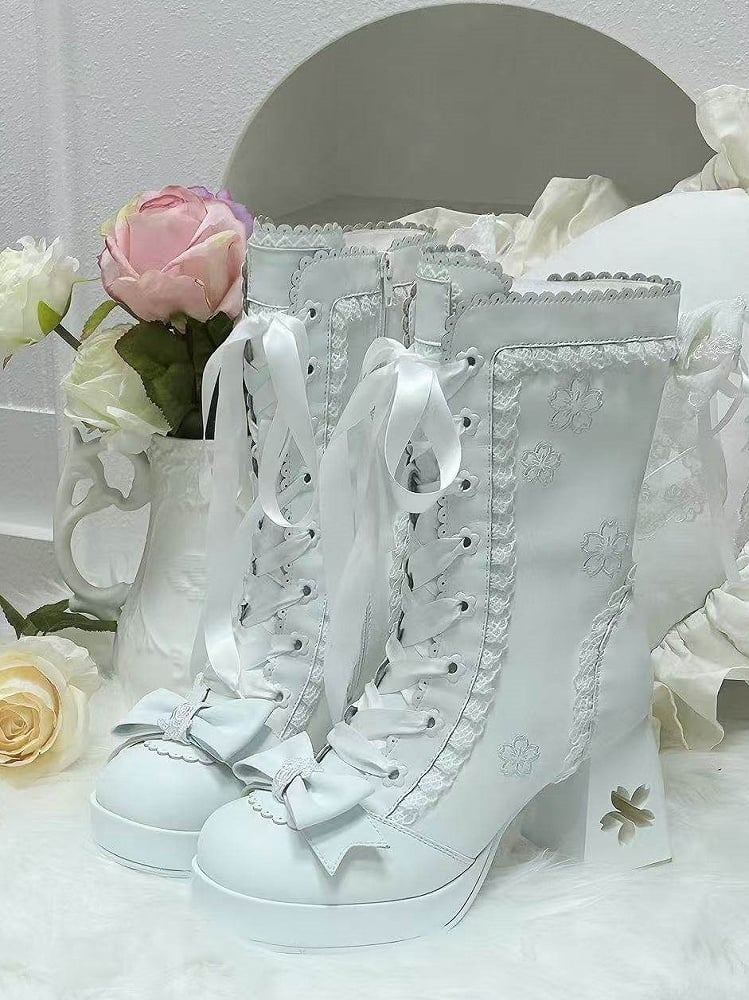 Sweet Heel Accents Sakura White Design Mid-calf Cut-out Lolita with Bow Boots