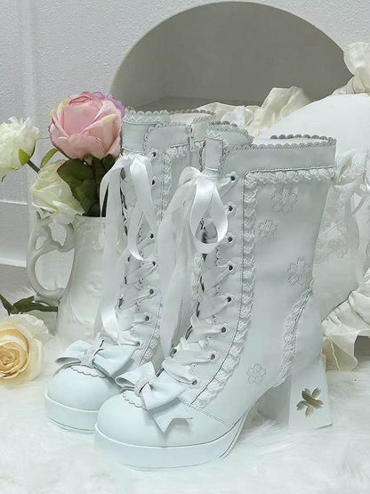 Sweet Heel Accents Sakura White Design Mid-calf Cut-out Lolita with Bow Boots