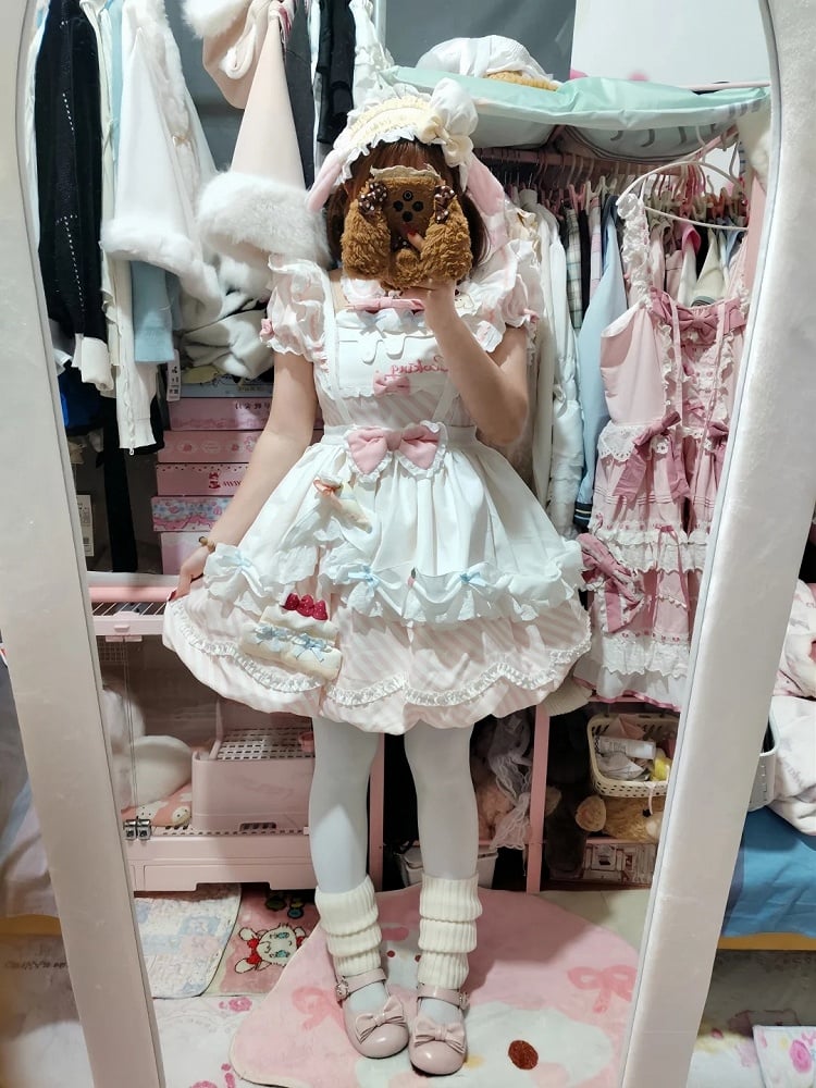 Hairband Train + Set Stripe Bubble Dress Full Lolita with Skirt Sleeves Cake Brooch Apron Sweet Pink Decor OP Puppy Bow Detachable