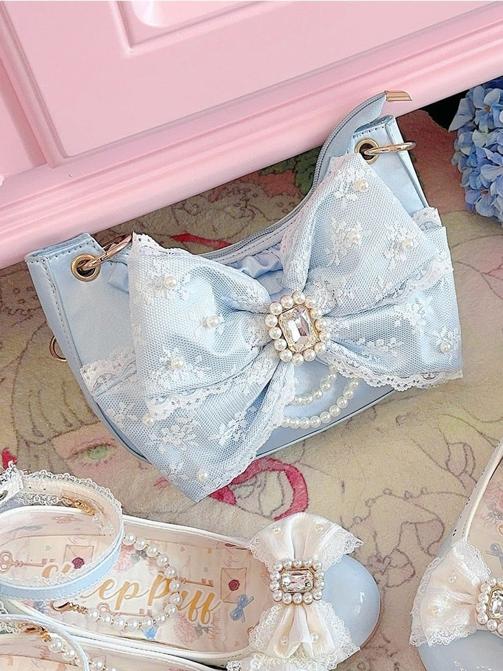 Blue Sweet Lolita Satin Underarm Bag with Crystal Bow - Sheep Puff Bag