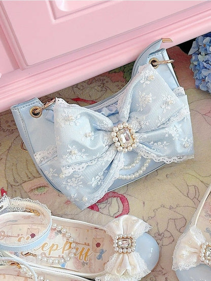 Blue Sweet Lolita Satin Underarm Bag with Crystal Bow - Sheep Puff Bag
