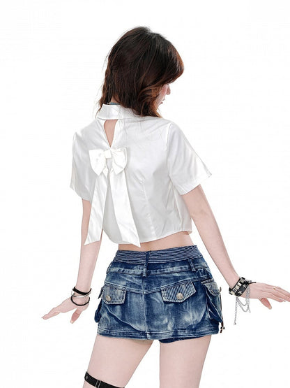 Black/White Cutout Back Glamorous Cropped Top with Big Bow at Back