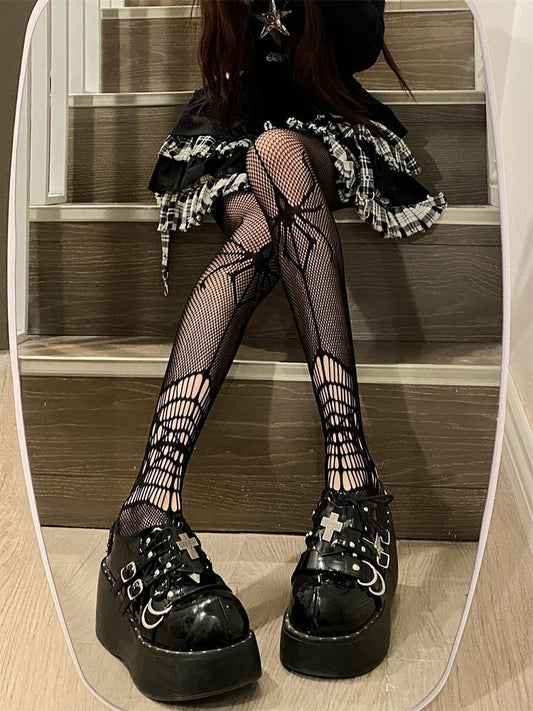 Cutout 3 Details with Cross and Spider Fishnet Style Options Motif Stockings Y2K