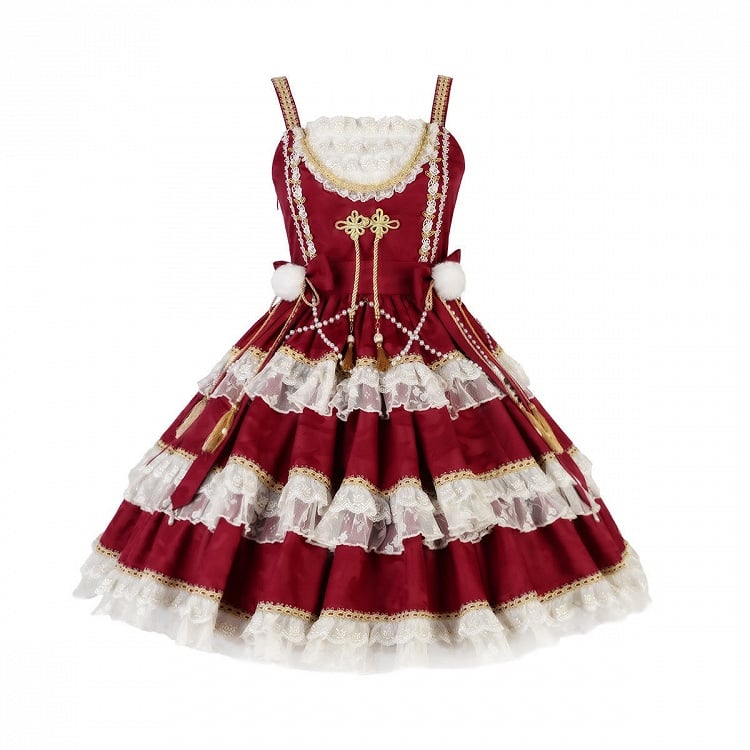 Jupe pull Lolita rouge du Nouvel An avec nœuds et chaîne de perles à la taille et ourlet à volants