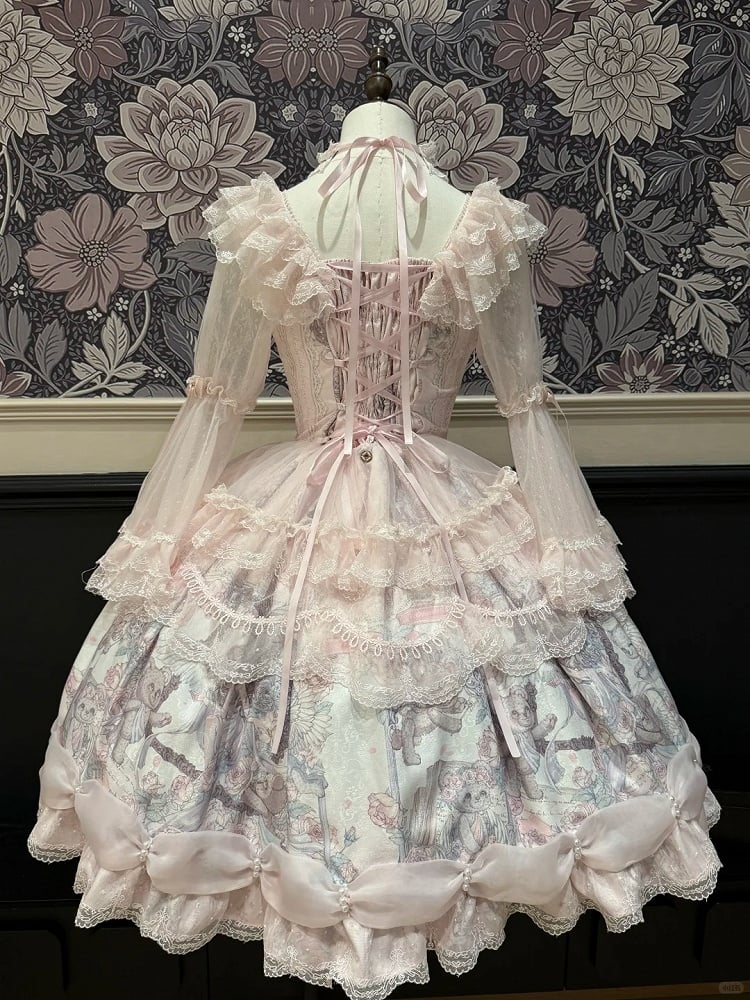 with Dress Hem Sleeves Bell Bear Lolita Angel Ribbon Pink Print Sweet