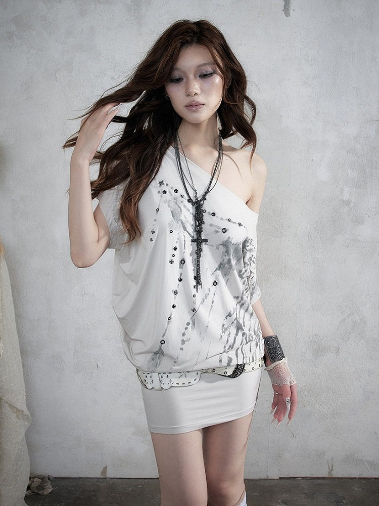 Asymmetrical Batwing Sleeve Bodycon Dress with Wing Print - NO ROMANCE