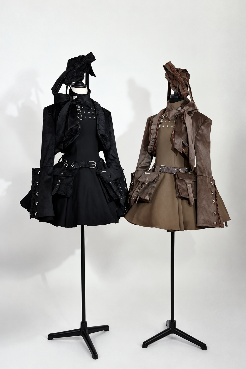 Steampunk Brown x Gothic Black Mode Buckle High Collar Puff Sleeve Doll Dress