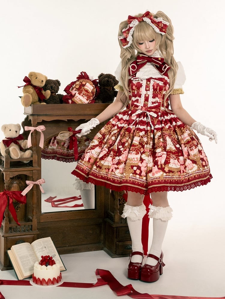 JSK Details Lolita Sweet Bow Trim with and Lace Bear Print Red Cake Dress