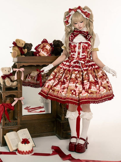 JSK Details Lolita Sweet Bow Trim with and Lace Bear Print Red Cake Dress