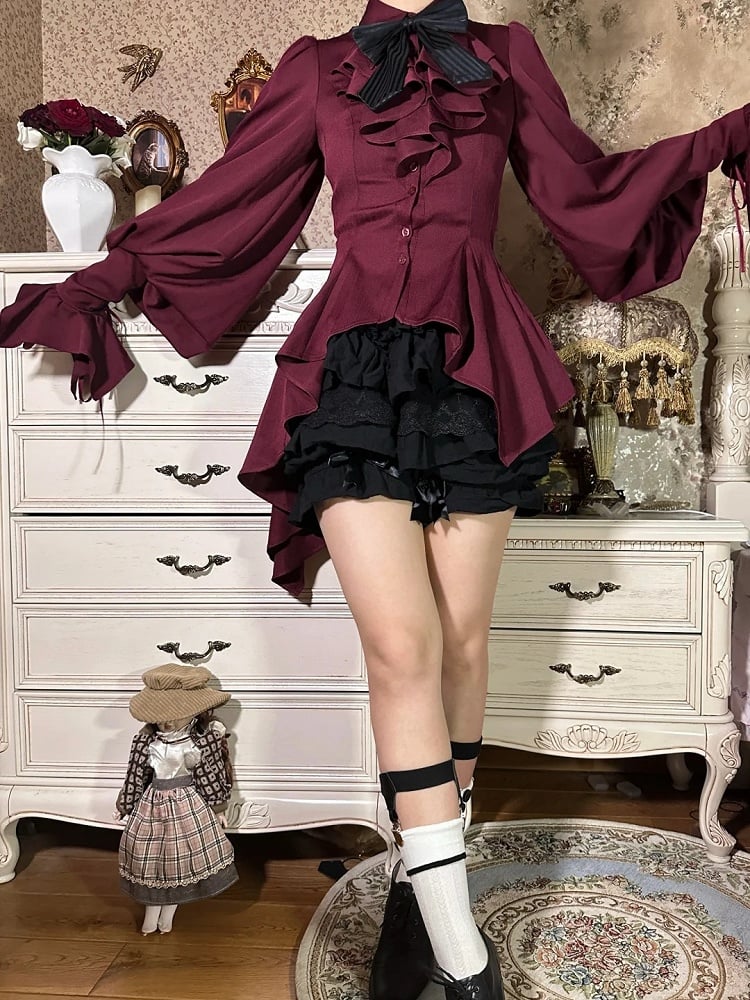 Red Gothic Ouji Lolita Irregular Flounce Hemline Pointed Collar Long-Sleeve Shirt